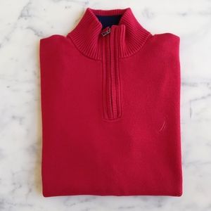 Nautica Pima Cotton Blend Long Sleeve Highneck 1/4 Zip Red Sweater with Logo.